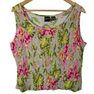 ERIKA Floral Smocked Tank Top Women XL Sleeveless Tropical Vacation Beach